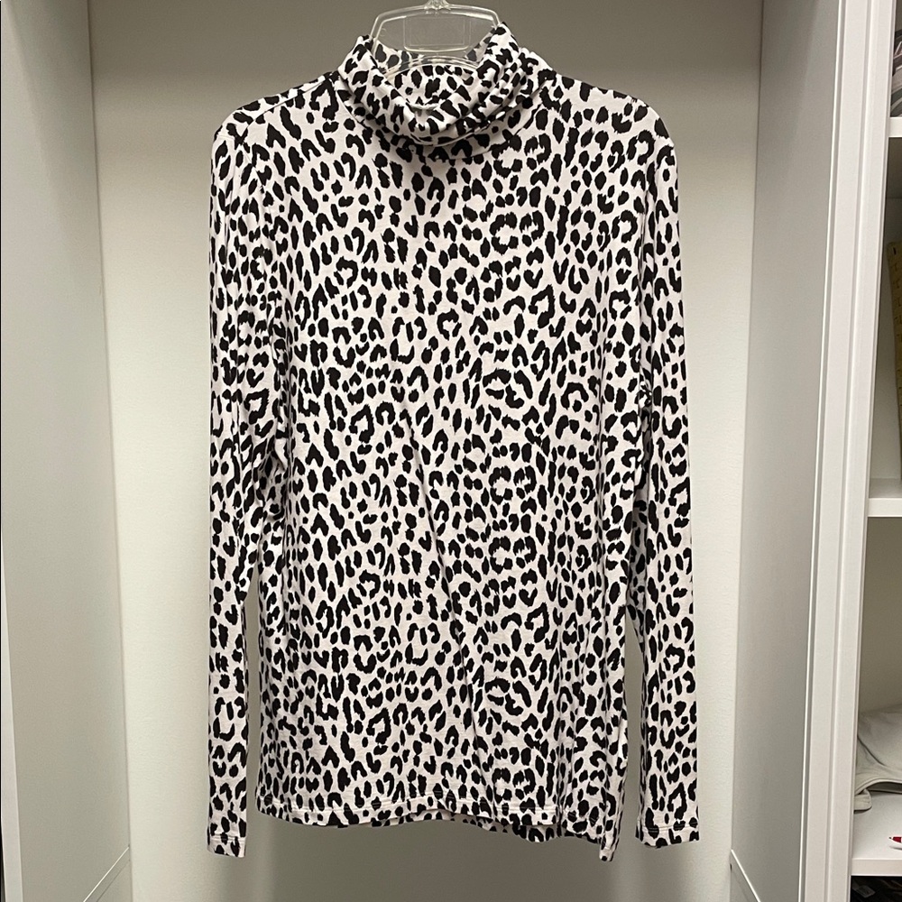 Lands' End Black and Off White Animal Print Turtleneck Long Sleeve Top Size L